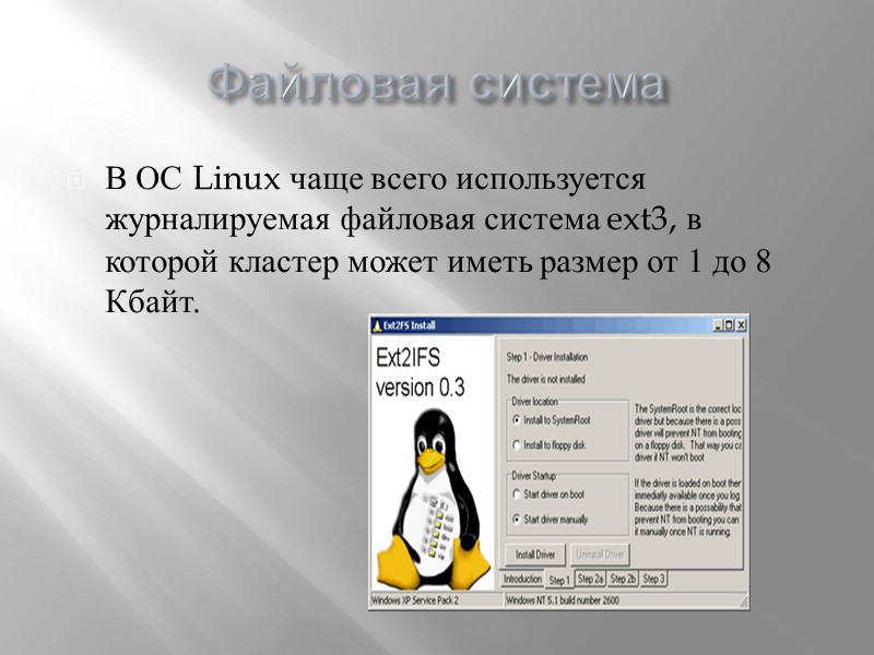 Файловая система В ОС Linux чаще всего используется журналируемая файловая система ext3, в которой